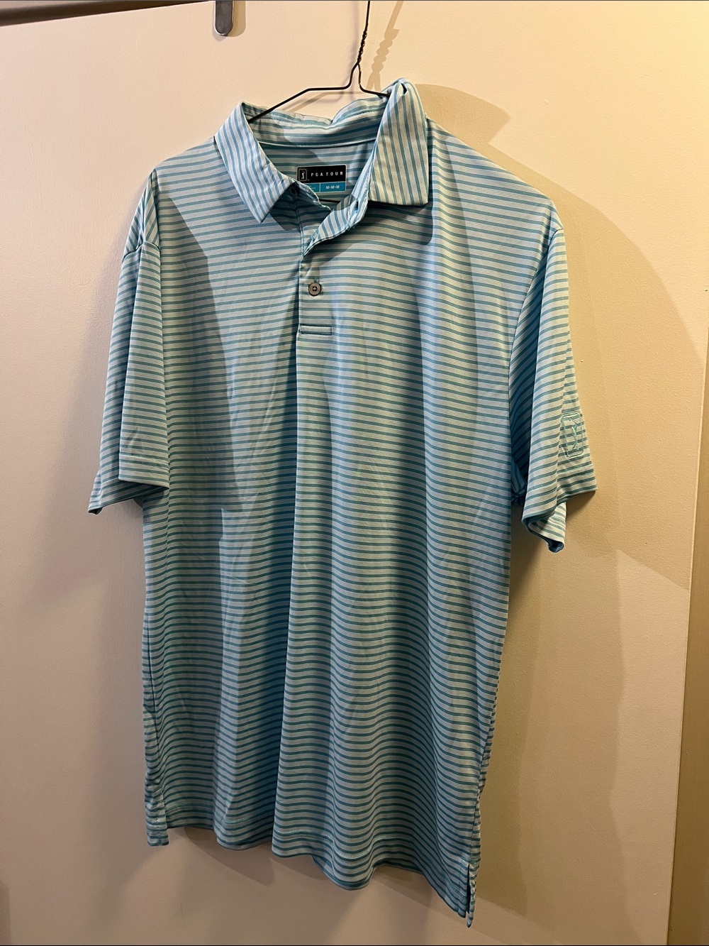 PGA Tour Aqua and White Striped Performance Polo